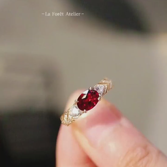 Vintage lab ruby ring with trillion diamonds in yellow gold setting








