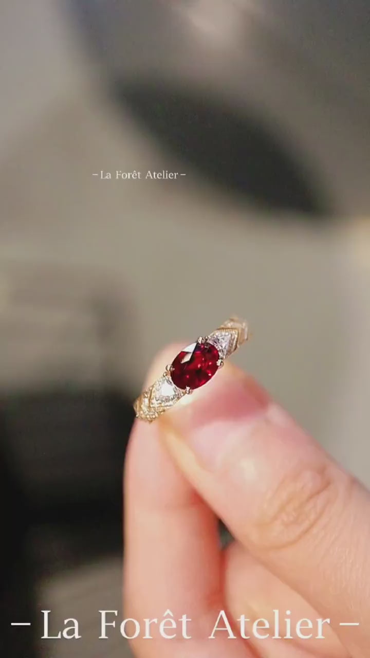 Vintage lab ruby ring with trillion diamonds in yellow gold setting








