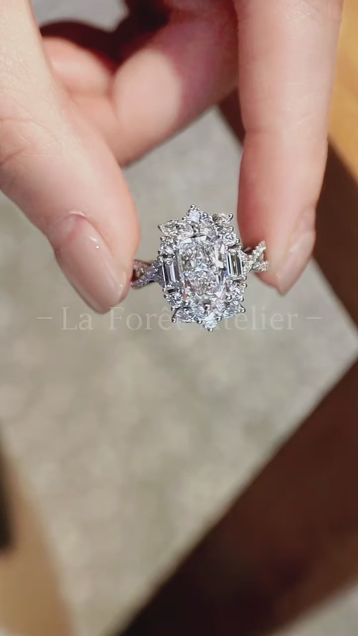 Zephyra radiant cut lab diamond halo engagement ring with twisted diamond band








