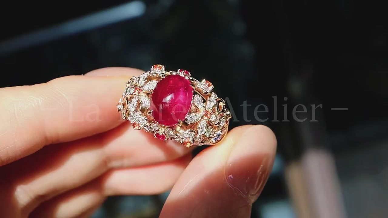 Seraphiel floral ring with 2.5ct lab ruby and diamond-studded petals in a vintage gold setting