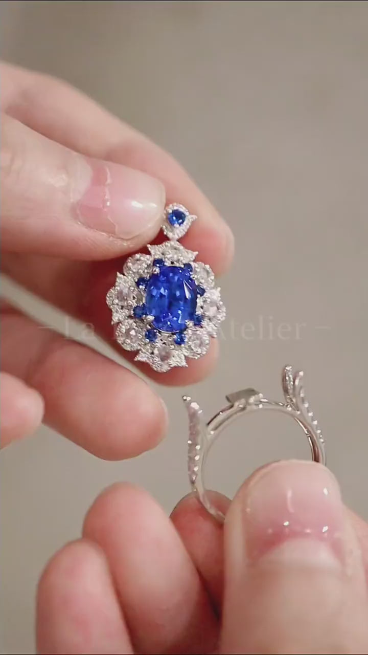 Azmara convertible ring and pendant with 2.5ct lab-grown cornflower sapphire, rose-cut diamonds, and blue accents – fine jewelry in white gold

