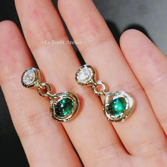 4cttw cabochon lab emerald and diamond drop earrings in gold-tone bezel setting








