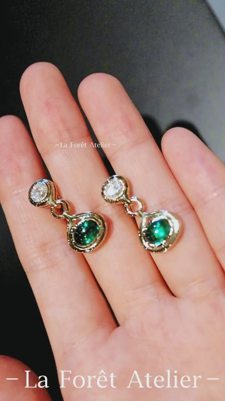 4cttw cabochon lab emerald and diamond drop earrings in gold-tone bezel setting








